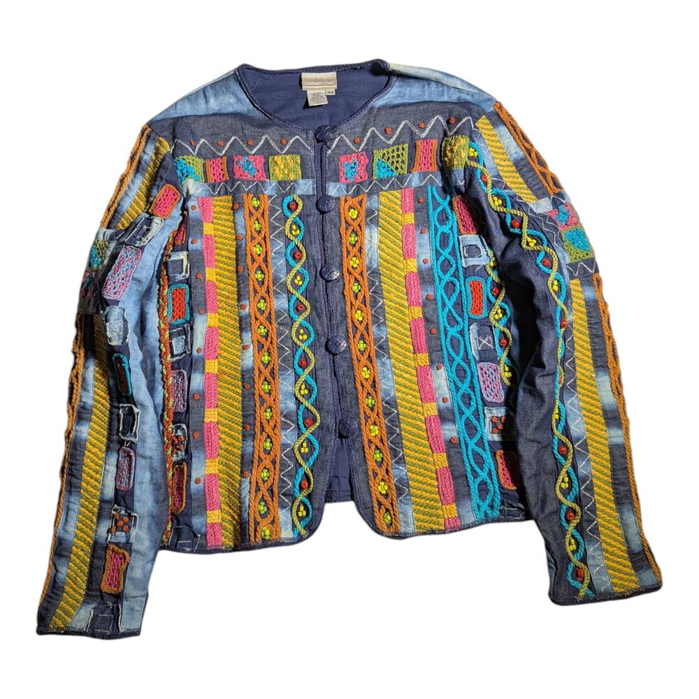 Vtg 1990s Coldwater Creek Collarless Tie Dye Denim Beaded Embroidered Jacket XL